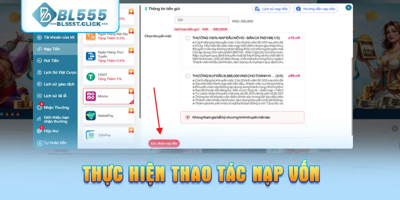 Thực hiện thao tác nạp vốn